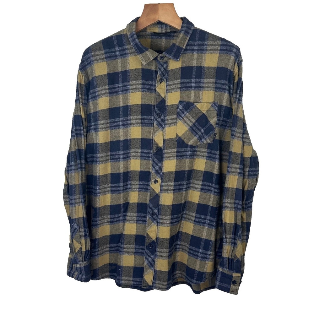 Vans Plaid Flannel Shirt Mustard Yellow Blue Button Down Long Sleeve Mens XXL
